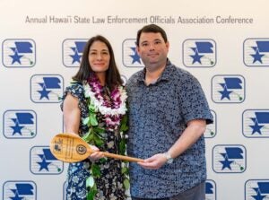 2025 HSLEOA Officer of the Year Award ee Sergeant Amy Omaya and Chief Reed Mahuna.