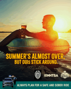 A man drinking a beer on a
lake and a car being pulled
over, discouraging drinking
and driving.