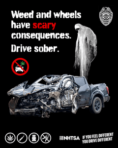 Black infographic of ghost above wreaked car with text to drive sober.