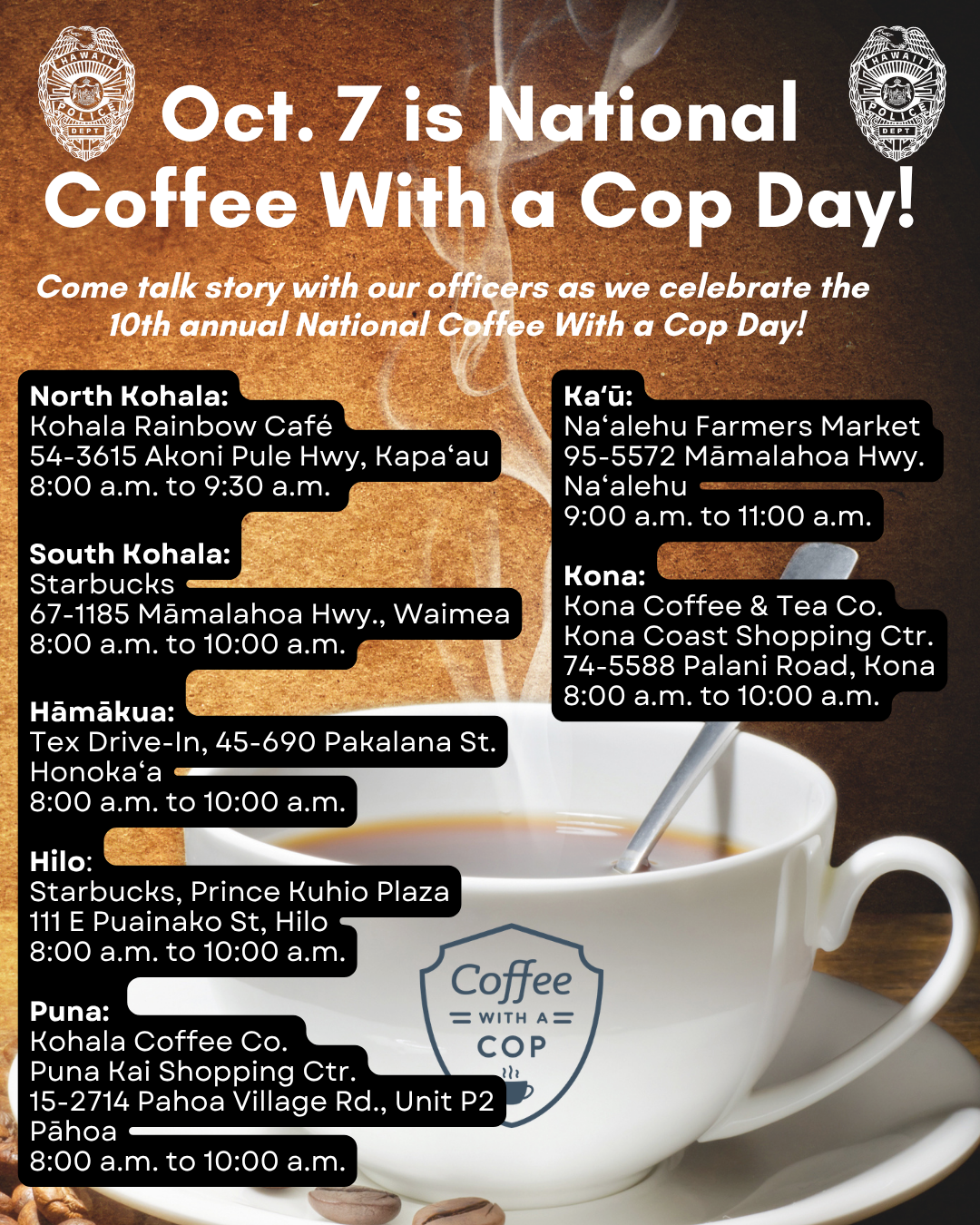 image of cup of coffee with list of Coffee with a Cop events on October 7.