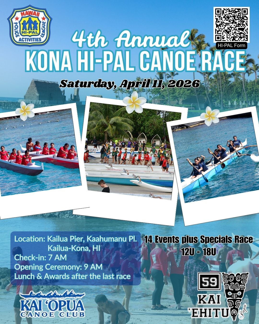 Infographic of outrigger canoes and paddlers racing in a regatta off the Kona shoreline encouraging kids to sign up for the fourth annual HI-PAL Canoe Regatta in Kona on April 11, 2026.