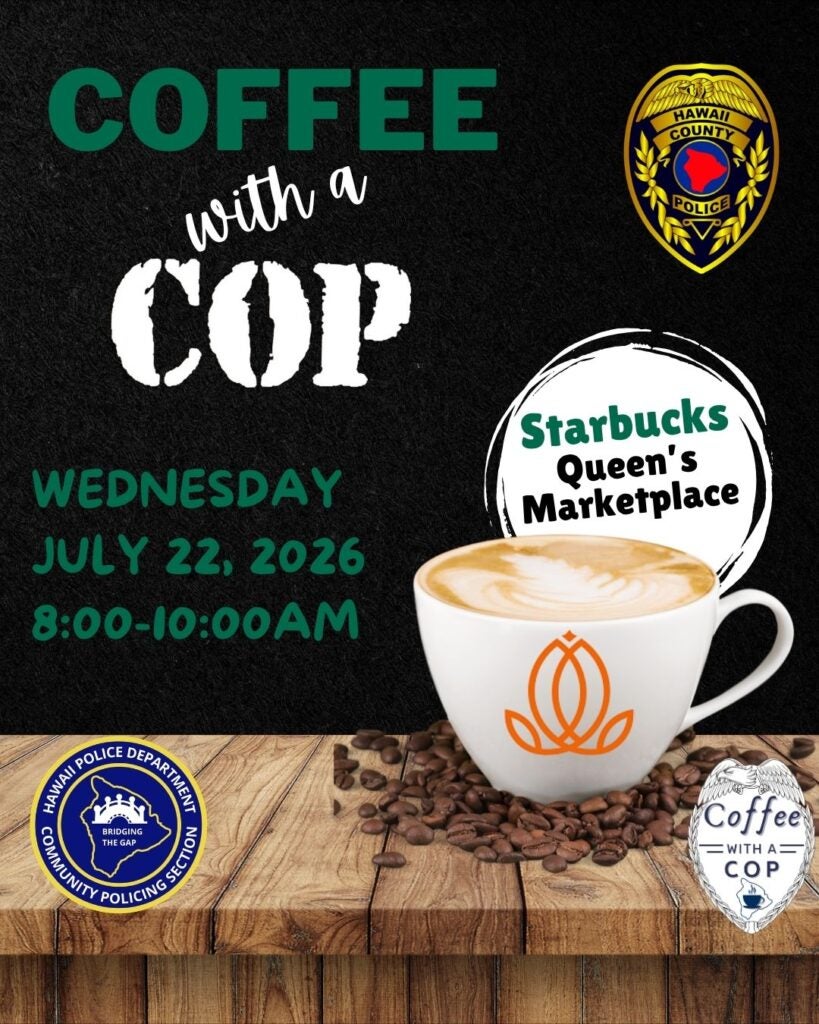 Infographic of Coffee With a Cop event on July 22 in Waikoloa.