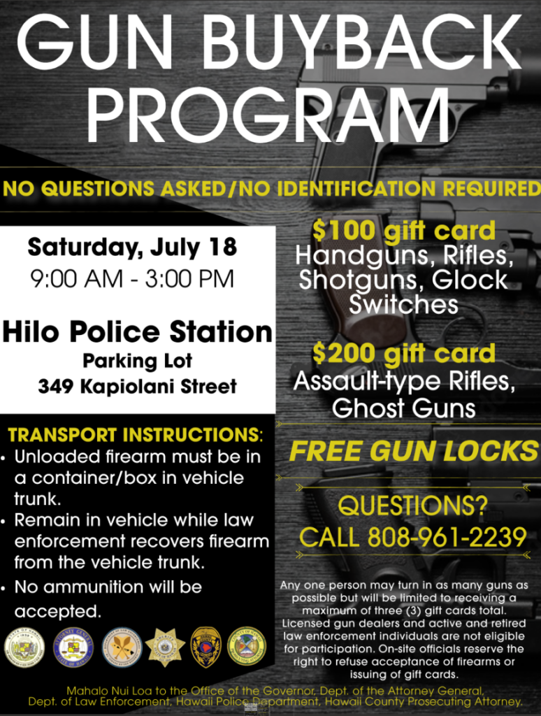 Infographic detailing July 18 gun buy back event in Hilo.