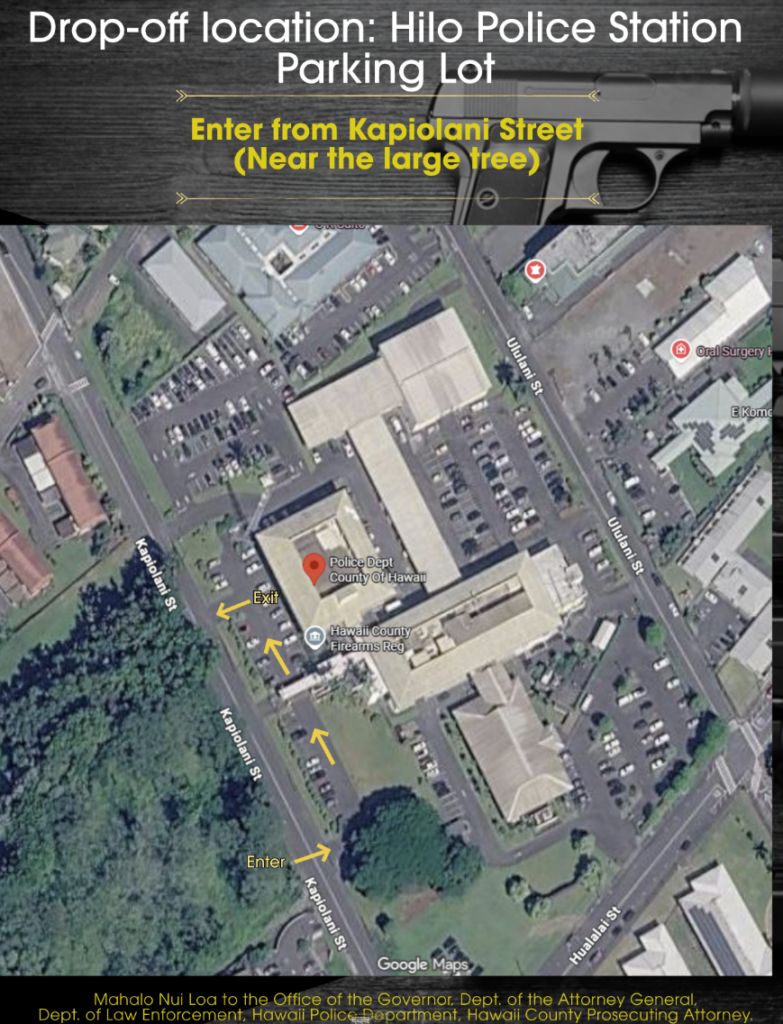 Map showing how to enter parking lot of Hawaii Police Department from Kapiolani Blvd.