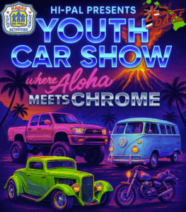 Poster with different model cars through the decades in neon colors