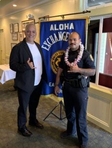 Mayor Kimo Alameda with August 2025 Aloha Exchange Club Officer Of the Month Christian Madera.