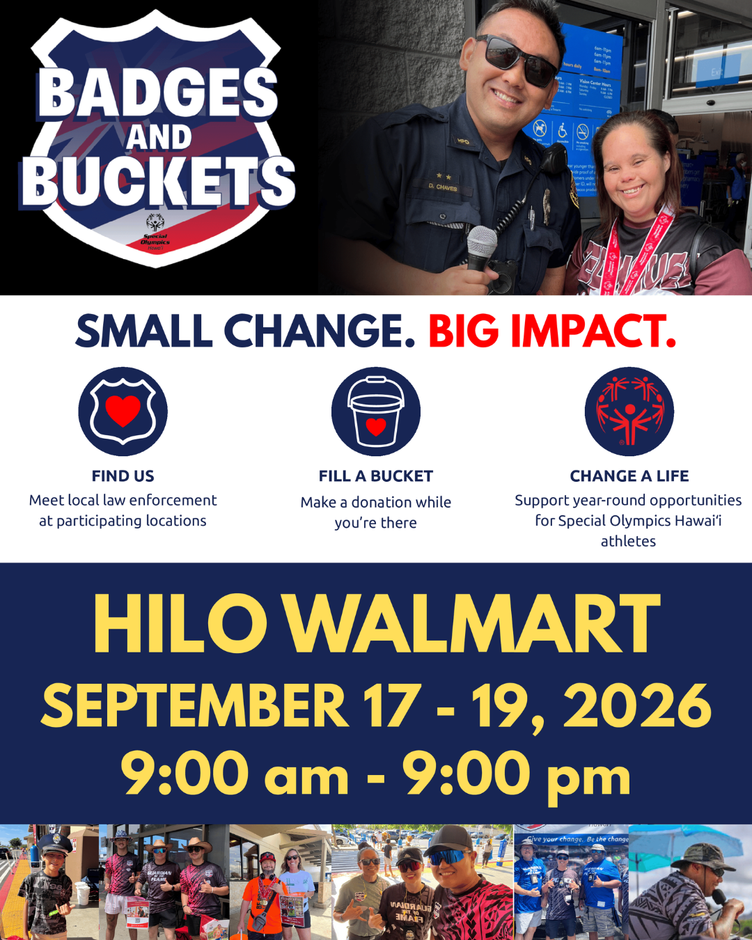 Badges and Buckets in Hilo, at the Hilo Walmart Flyer.