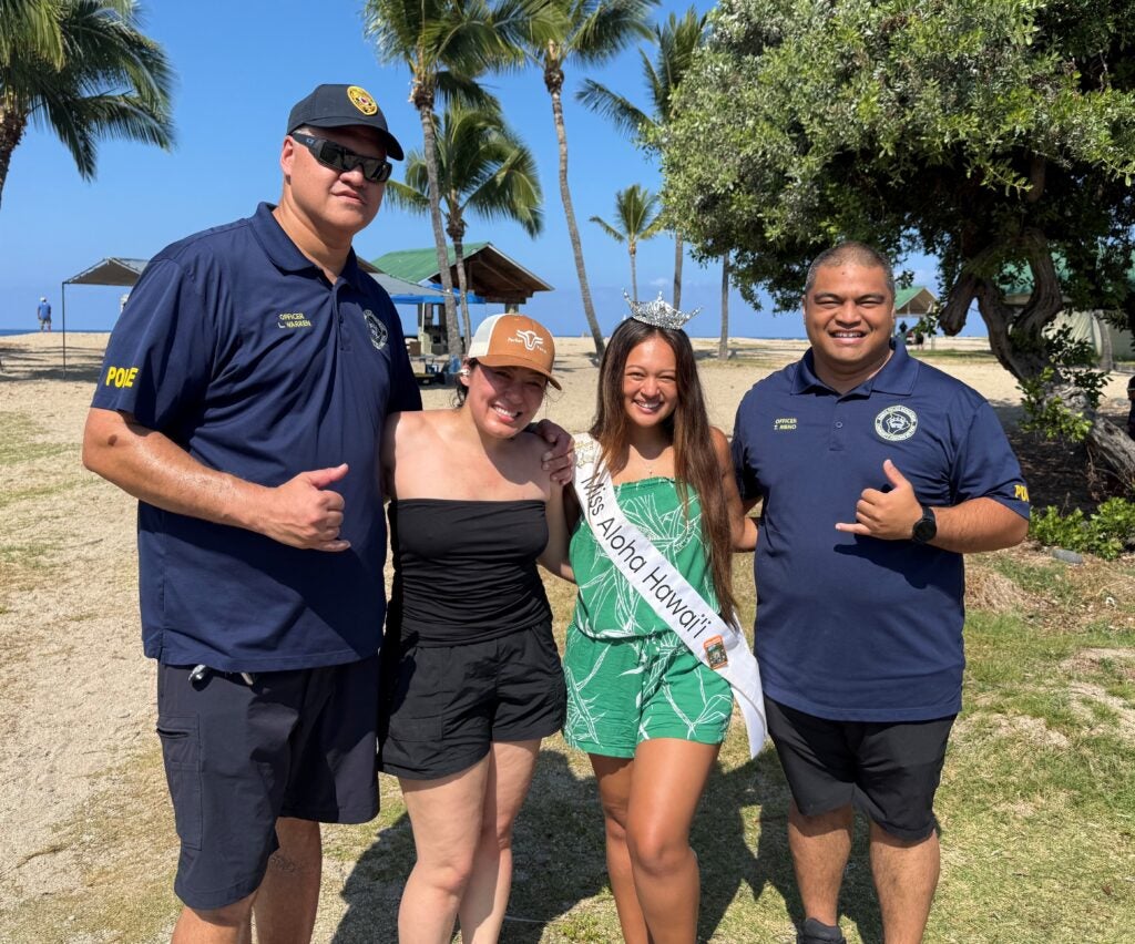Officer Warren, Miss Aloha Hawaii, Officer Meno at Beach Cleanup