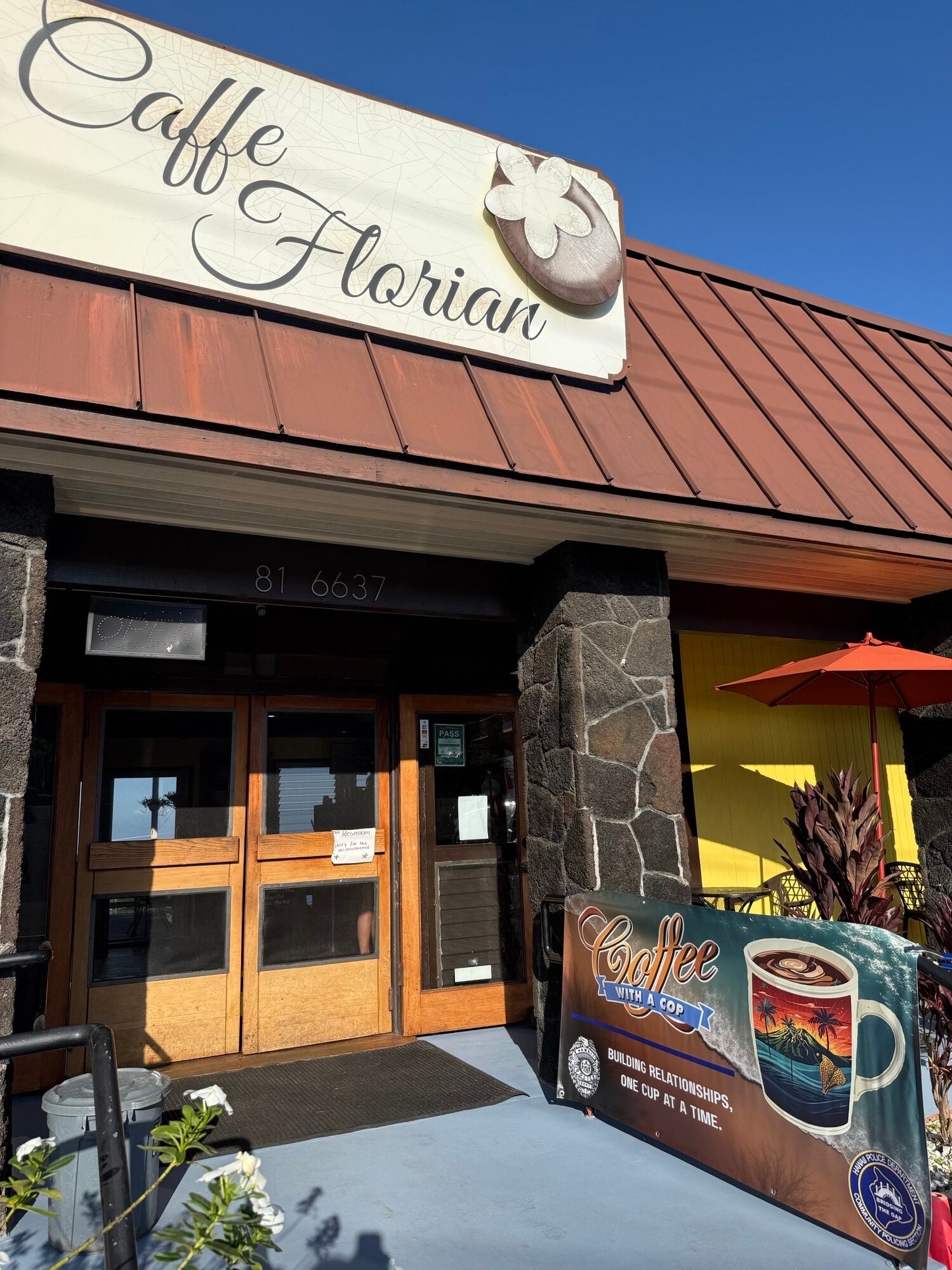 Caffe Florian store front with Coffee With a Cop banner.