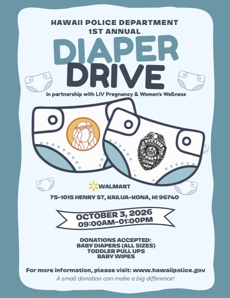 Blue infographic with text about a Diaper Drive in Kona on October. 3.