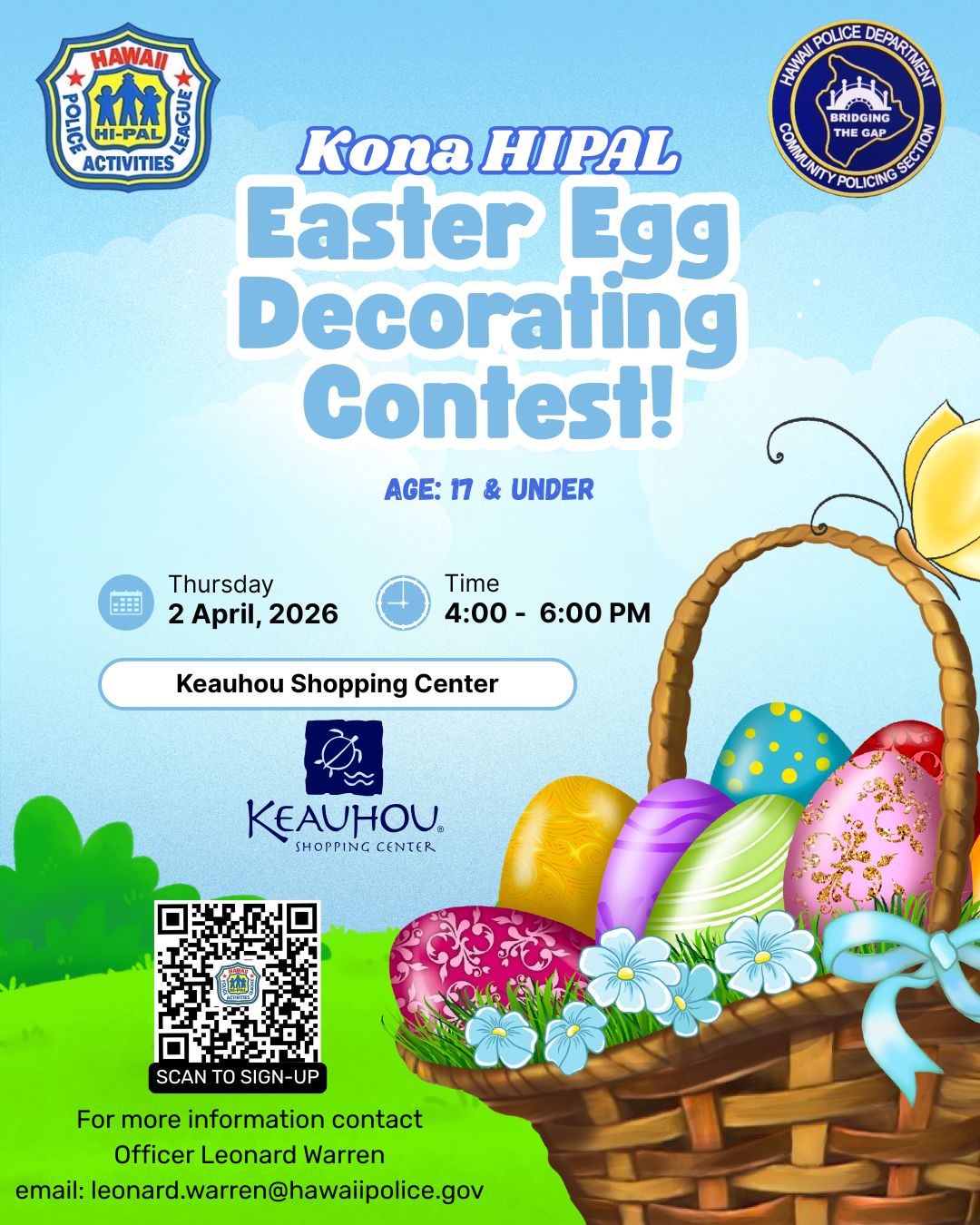 drawing of easter eggs in basket on grass with details of the Kona HI-PAL Keiki Easter Egg Decorating Contest on Thursday, April 2, 2026, from 4:00–6:00 p.m. at the Keauhou Shopping Center.