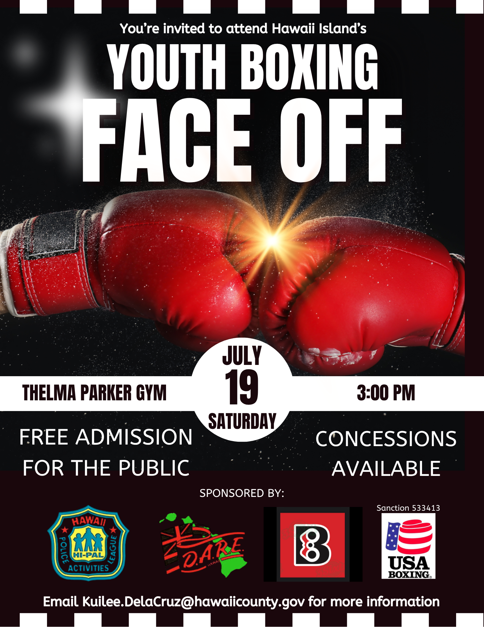 Photo with boxing gloves stating HI-PAL Youth Boxing Face Off July 19 in Waimea.