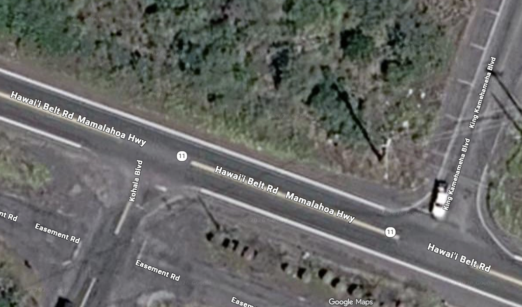 Street map showing Highway 11 between Kamehameha Boulevard and Kohala Blvd on Ocean View.