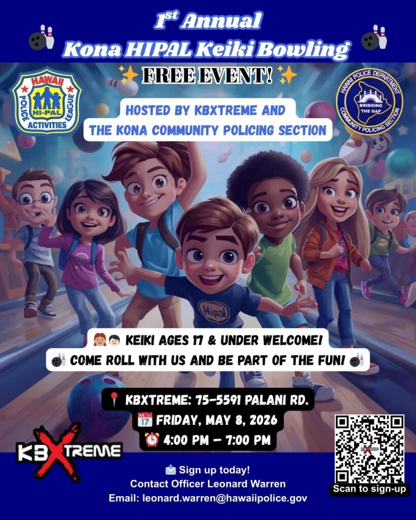 Colorful graphic of kids at bowling alley with QR code for parents to use for upcoming free bowling event. 