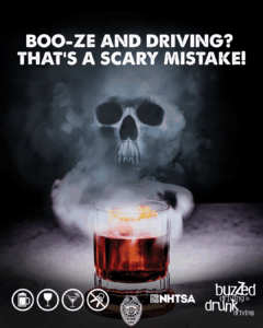 Infographic with a smoky skull above a drink glass stating booze and driving? That’s a scary mistake!