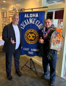Mayor Kimo Alameda with July 2025 Aloha Exchange Club Officer Of the Month Blane Kenolio.