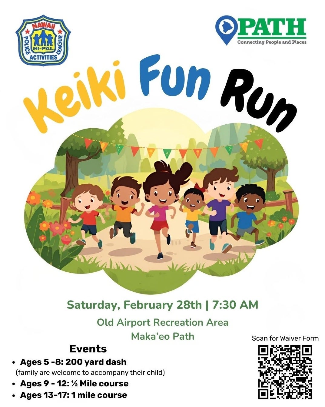 Drawing of kids running describing the 2nd Annual Kona HI-PAL Keiki Fun Run/Walk in Kona on Saturday, February 28, 2026, at the Old Airport Recreation Area, Kuakini Hwy., Kailua-Kona