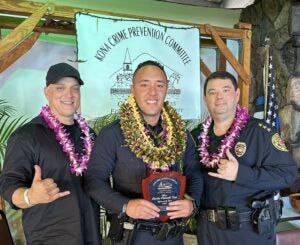 Picture of Mayor Alameda, Kona Patrol Officer Caldwell-Kaai, and Interim Police  Chief Reed Mahuna. 