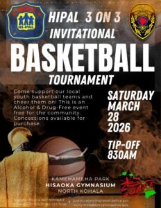
Flier with picture of basketball and King Kamehameha statute with details of upcoming basketball tournament in Kapaau. 
