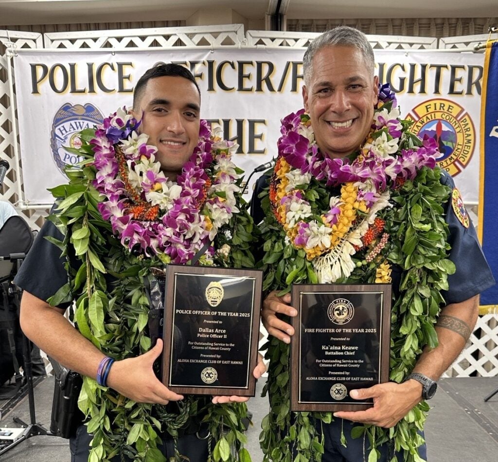HPD Puna Patrol Police Officer Dallas Arce and HFD Battalion Chief Ka’Aina Keawe holding their Officer of the Year and Firefighter of the Year awards. 
