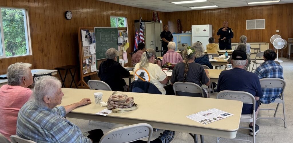 Captain Pataray speaking at Kupuna Watch meeting.