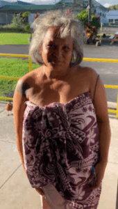 Picture of 60-year-old Vernamae Stevens of Hilo, who was reported missing. Stevens is Hawaiian, with a medium complexion, 4 feet and 9 inches tall, 130 pounds, with grey, shoulder-length hair, with floral tattoos on both arms. She was last seen wearing a red, yellow, green, and black spaghetti strapped dress with palm tree patterns.