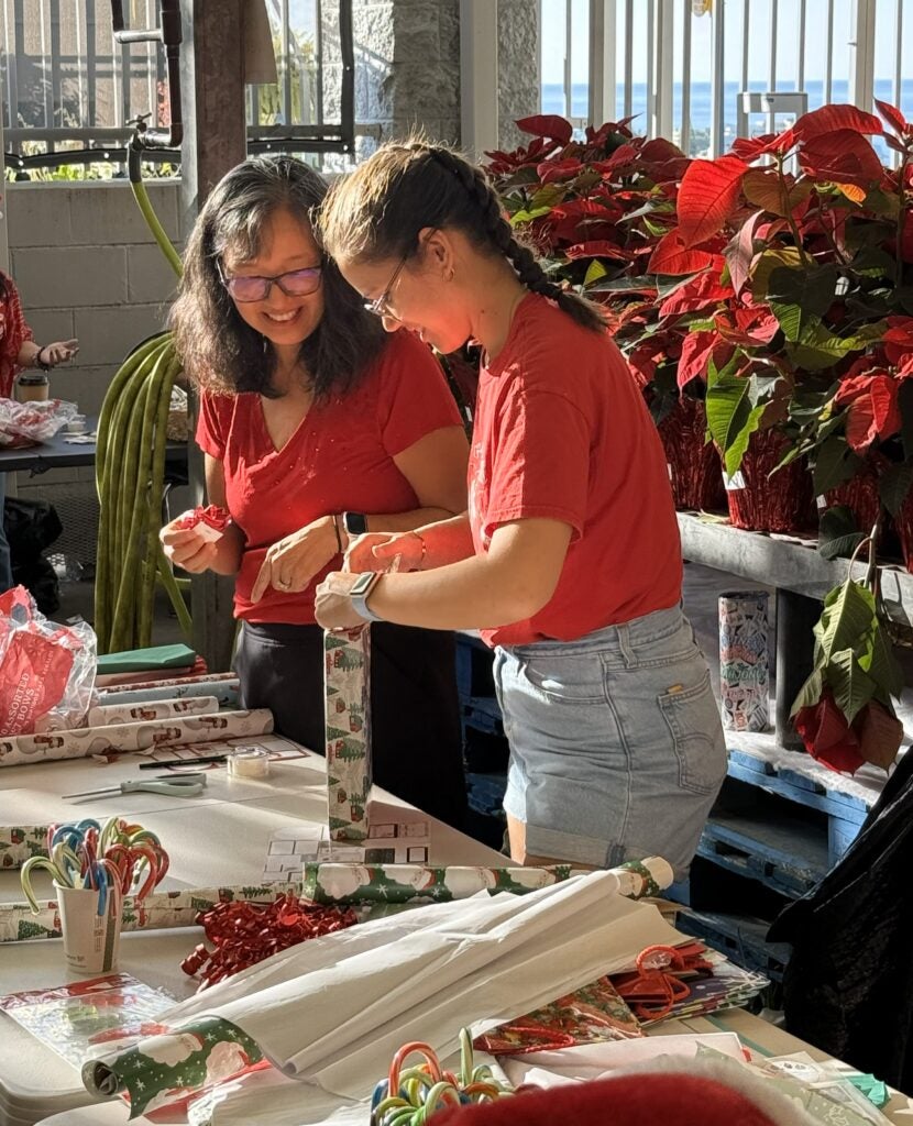 Christmas wrapping helpers during Shop With a Cop.